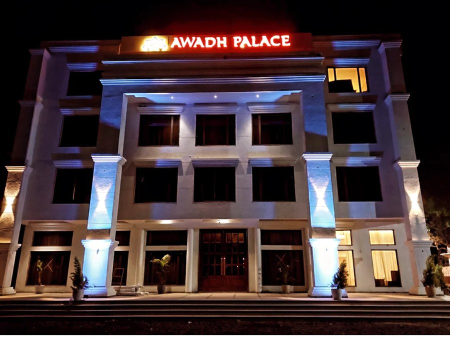 Facade at night of Hotel Awadh Palace in Khurai, built by Atulya Infrastructures